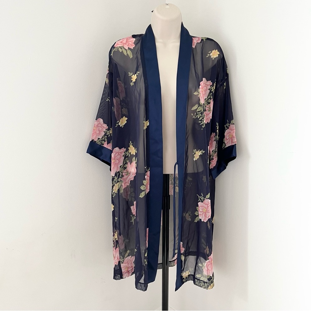 Vintage Sleep Robe Sheer Blue Floral Roses Cardigan